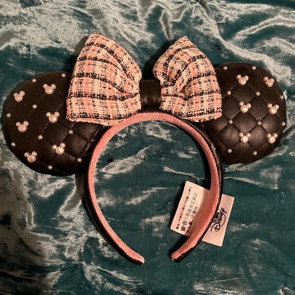 Disney Park Authentic Tweed & Pearl Minnie Mouse Ear Headband Disney World